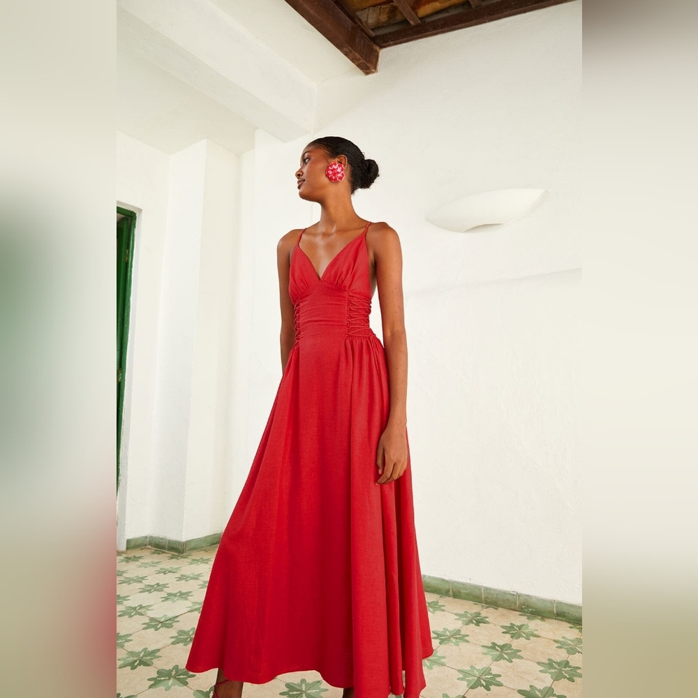 FARM Rio Red Midi Dress with V-Neck and Ruched Waist